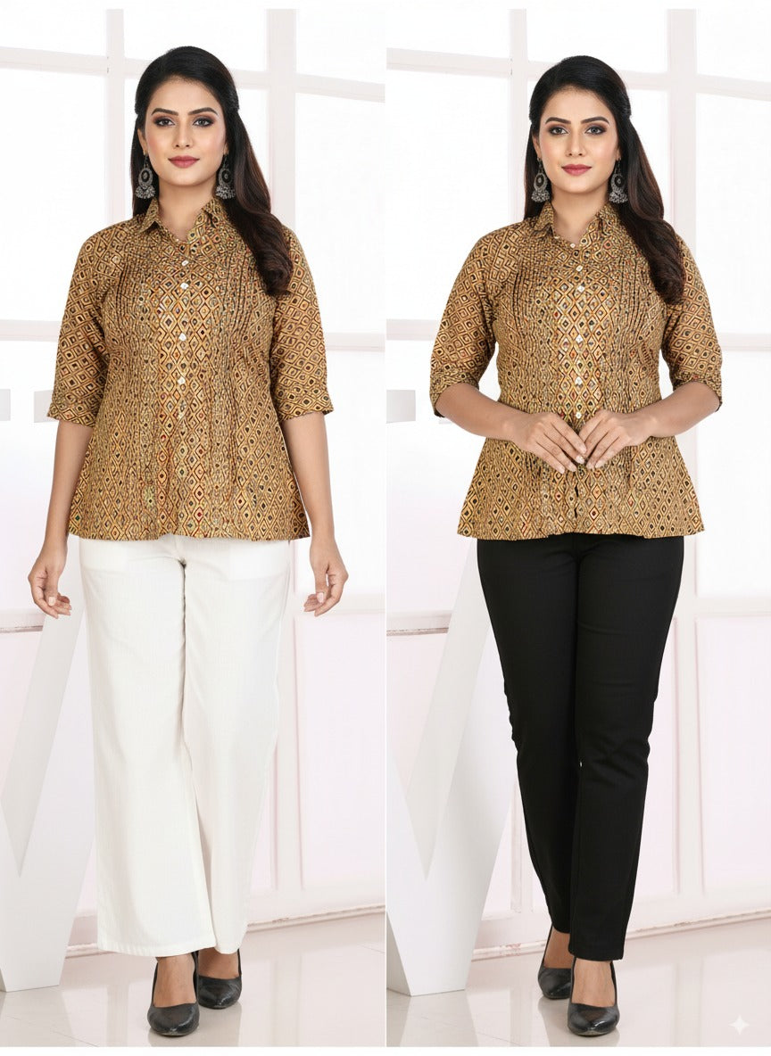 Brown Geometric Print Riyon Liva Approved Shirt Top with Mandarin Collar & 3/4th Sleeves