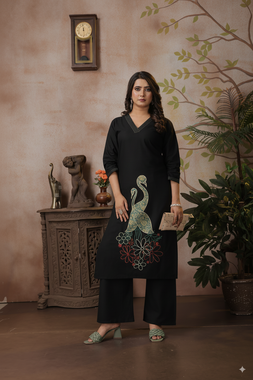 Black Cotton Coord Set with V-neckline, Peacocks & Floral Embroidery
