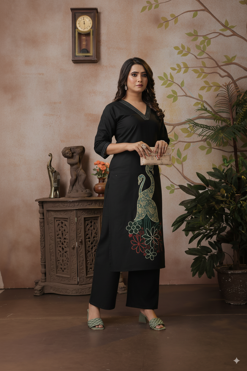 Black Cotton Coord Set with V-neckline, Peacocks & Floral Embroidery