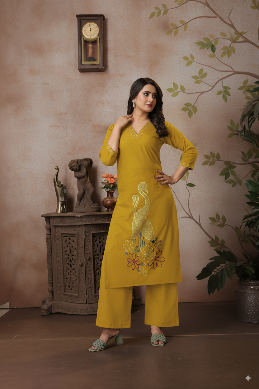 Mustard Yellow Cotton Coord Set with V-neck, Peacocks & Floral Embroidery | 3/4th Sleeve Kurti & Pants