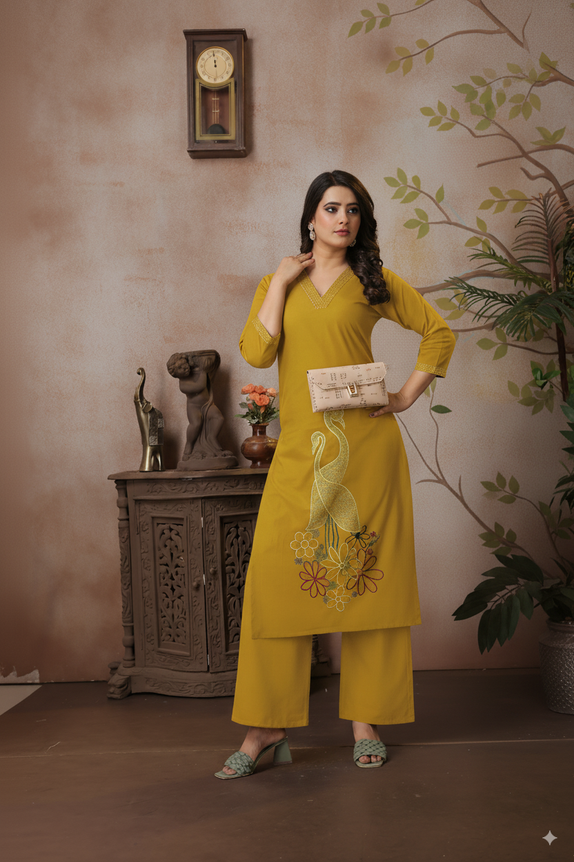 Mustard Yellow Cotton Coord Set with V-neck, Peacocks & Floral Embroidery | 3/4th Sleeve Kurti & Pants