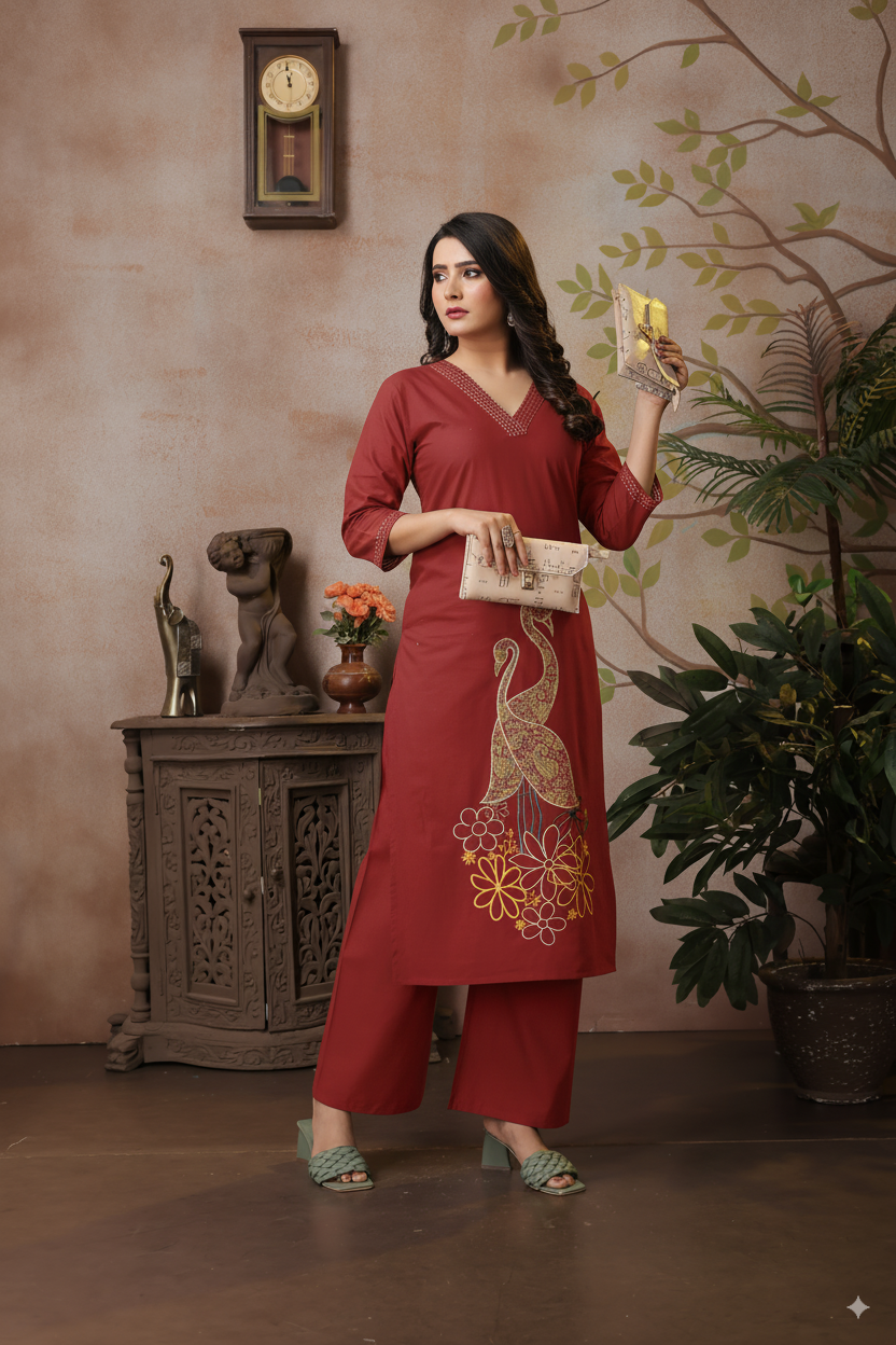 Maroon Cotton Coord Set with V-neck, Peacocks & Floral Embroidery