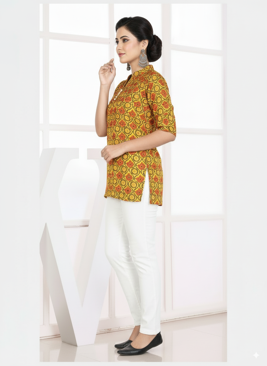 Yellow and Orange Geometric Print Riyon Liva Approved Short Kurti – Mandarin Collar, Half Sleeves