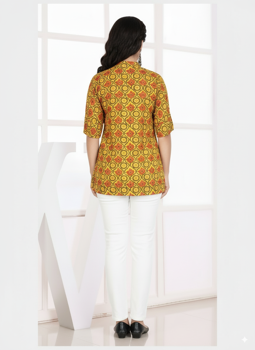 Yellow and Orange Geometric Print Riyon Liva Approved Short Kurti – Mandarin Collar, Half Sleeves
