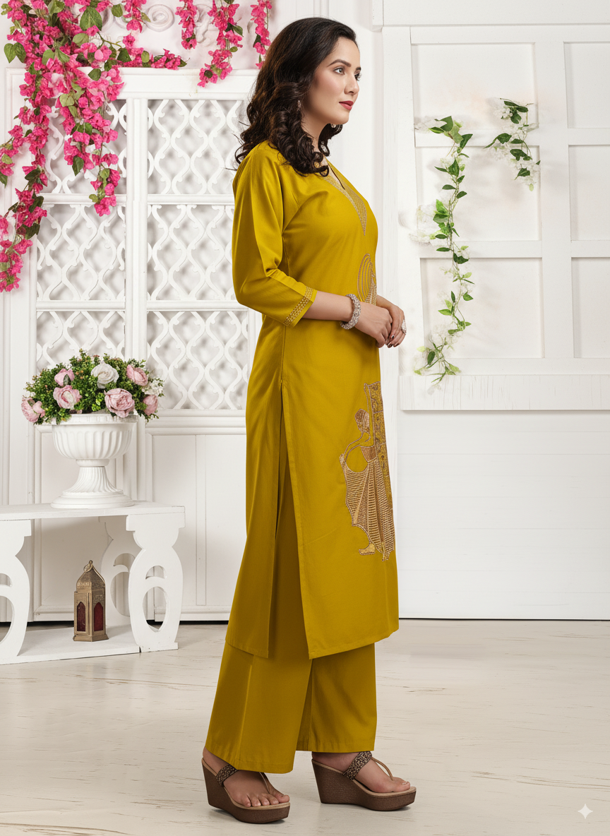 Maroon Cotton Coord Set with V-Neck and Embroidery Detailing