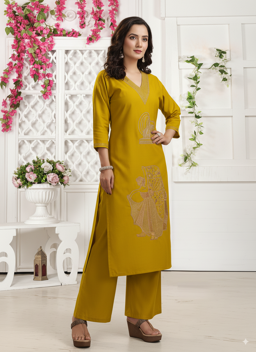 Maroon Cotton Coord Set with V-Neck and Embroidery Detailing