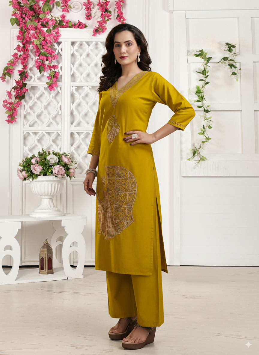 Maroon Cotton Coord Set with V-Neck and Embroidery Detailing