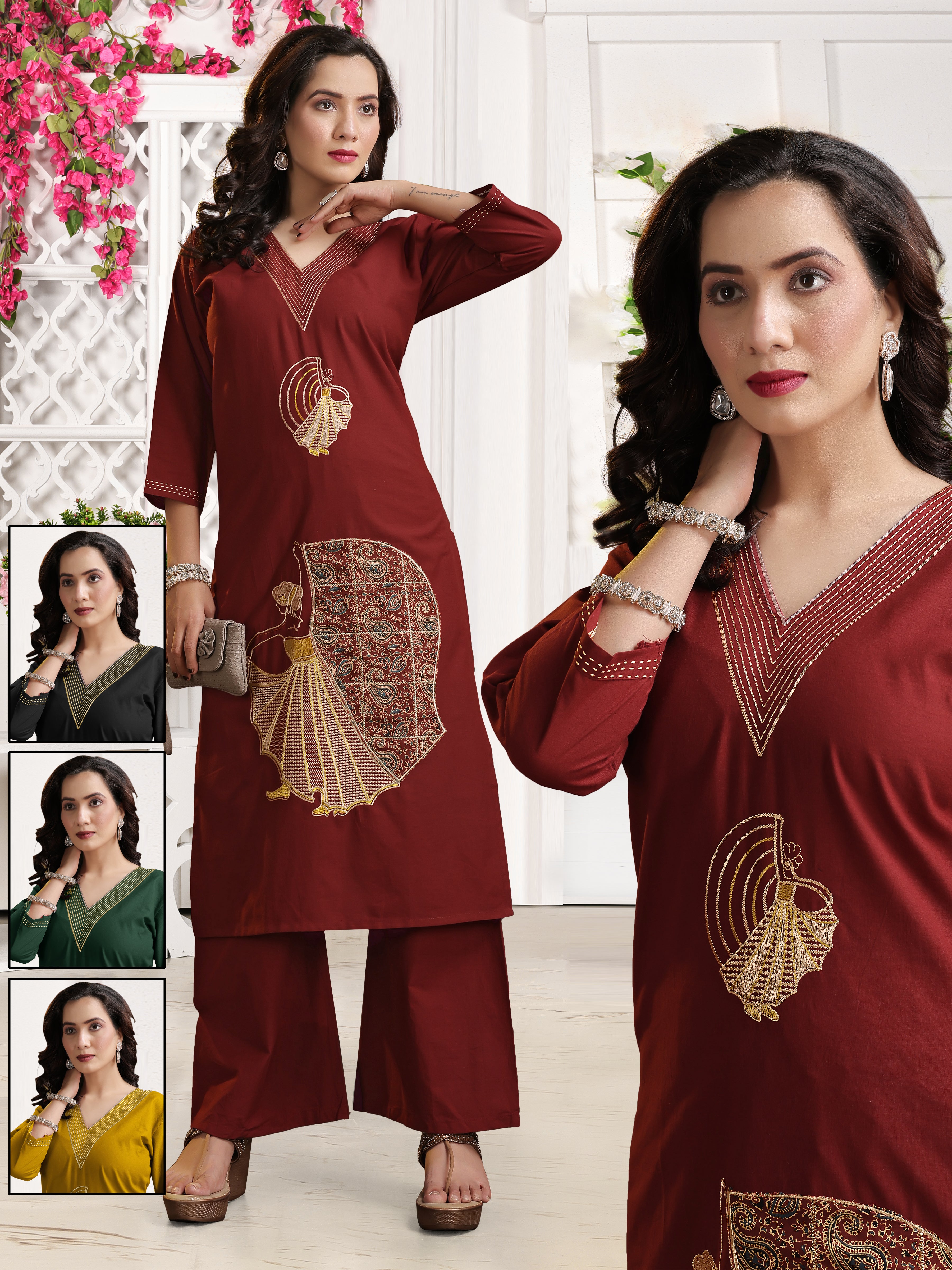 Maroon Cotton Coord Set with V-neck, Peacocks & Floral Embroidery