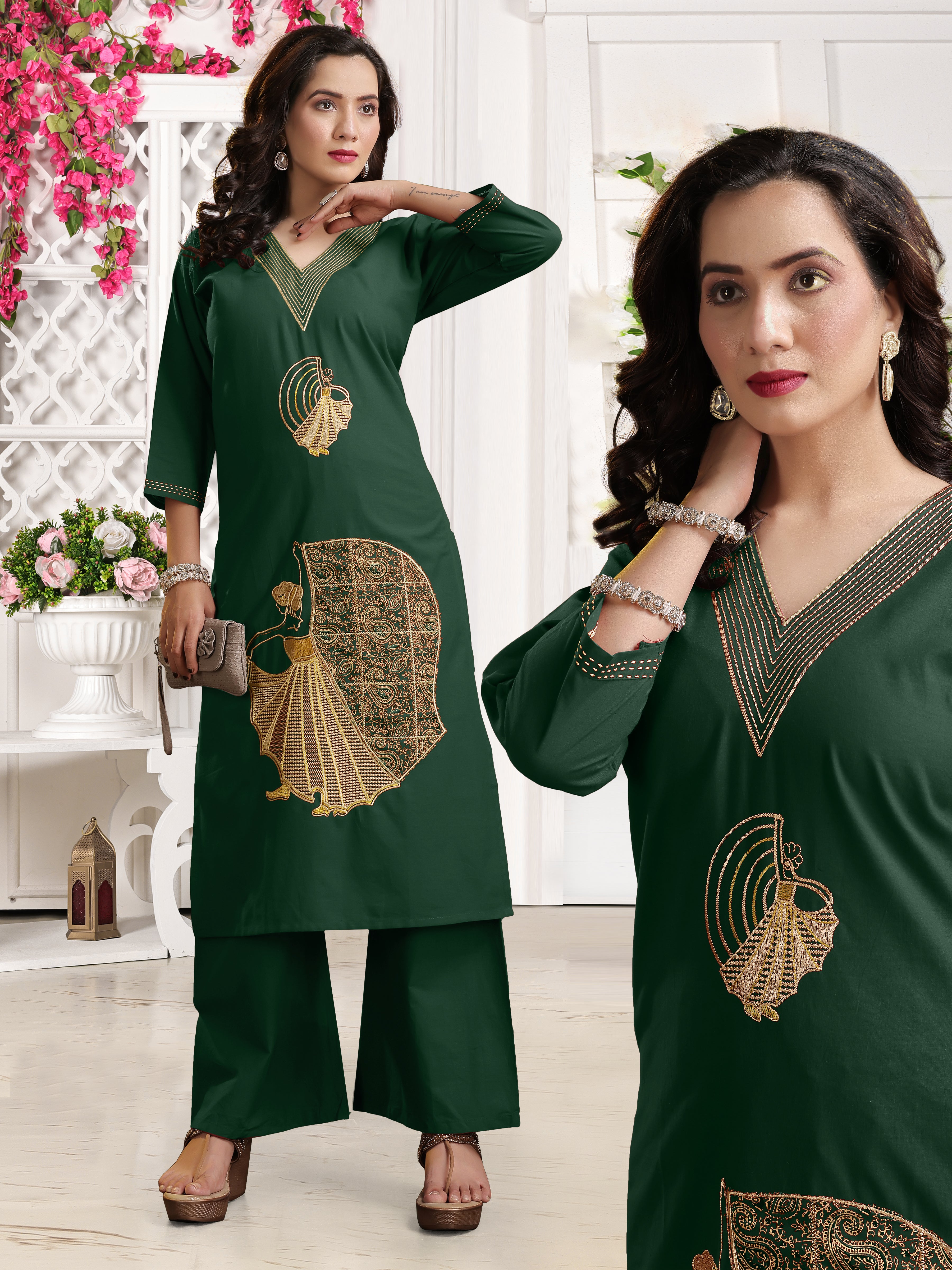 Dark Green Cotton Coord Set with V-neck, Peacocks & Floral Embroidery (Copy)