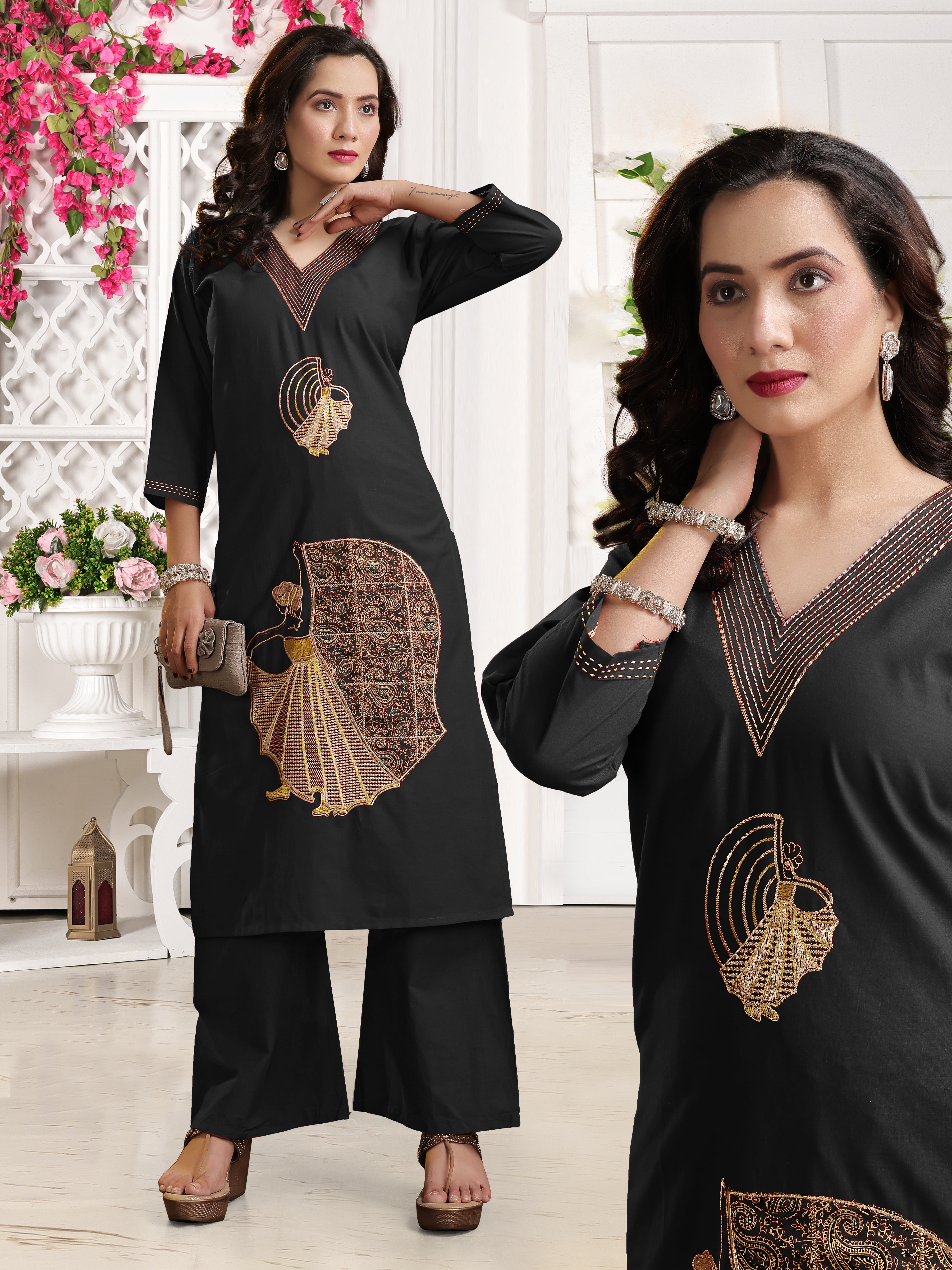 Black Cotton Coord Set with V-Neck and Embroidery Detailing