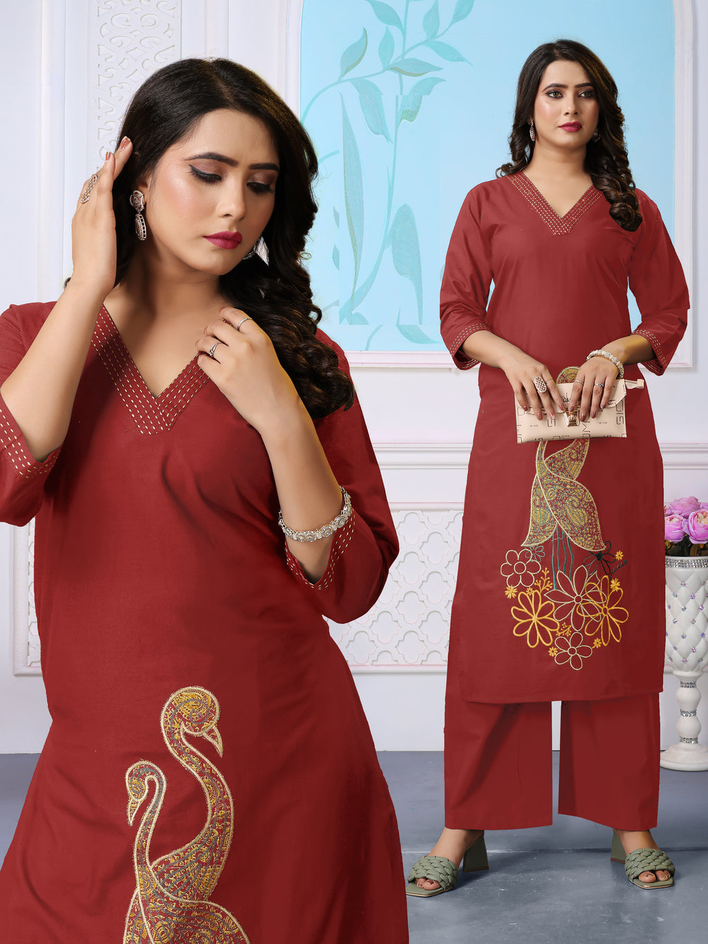 Maroon Cotton Coord Set with V-neck, Peacocks & Floral Embroidery