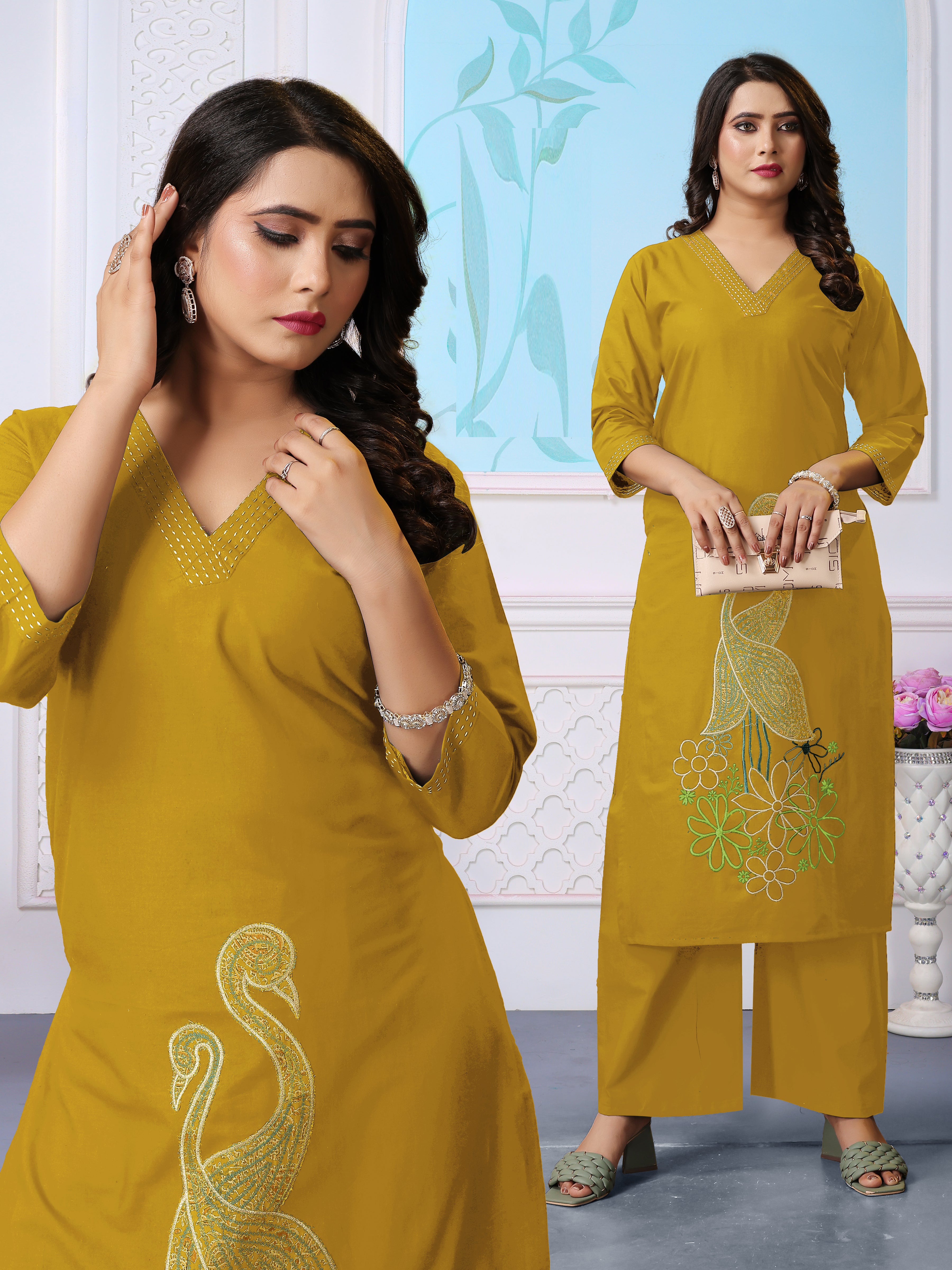 Mustard Yellow Cotton Coord Set with V-neck, Peacocks & Floral Embroidery | 3/4th Sleeve Kurti & Pants