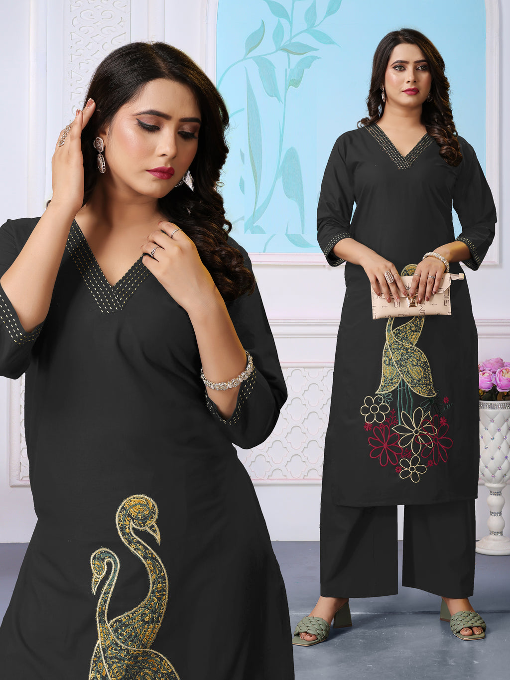 Black Cotton Coord Set with V-neckline, Peacocks & Floral Embroidery