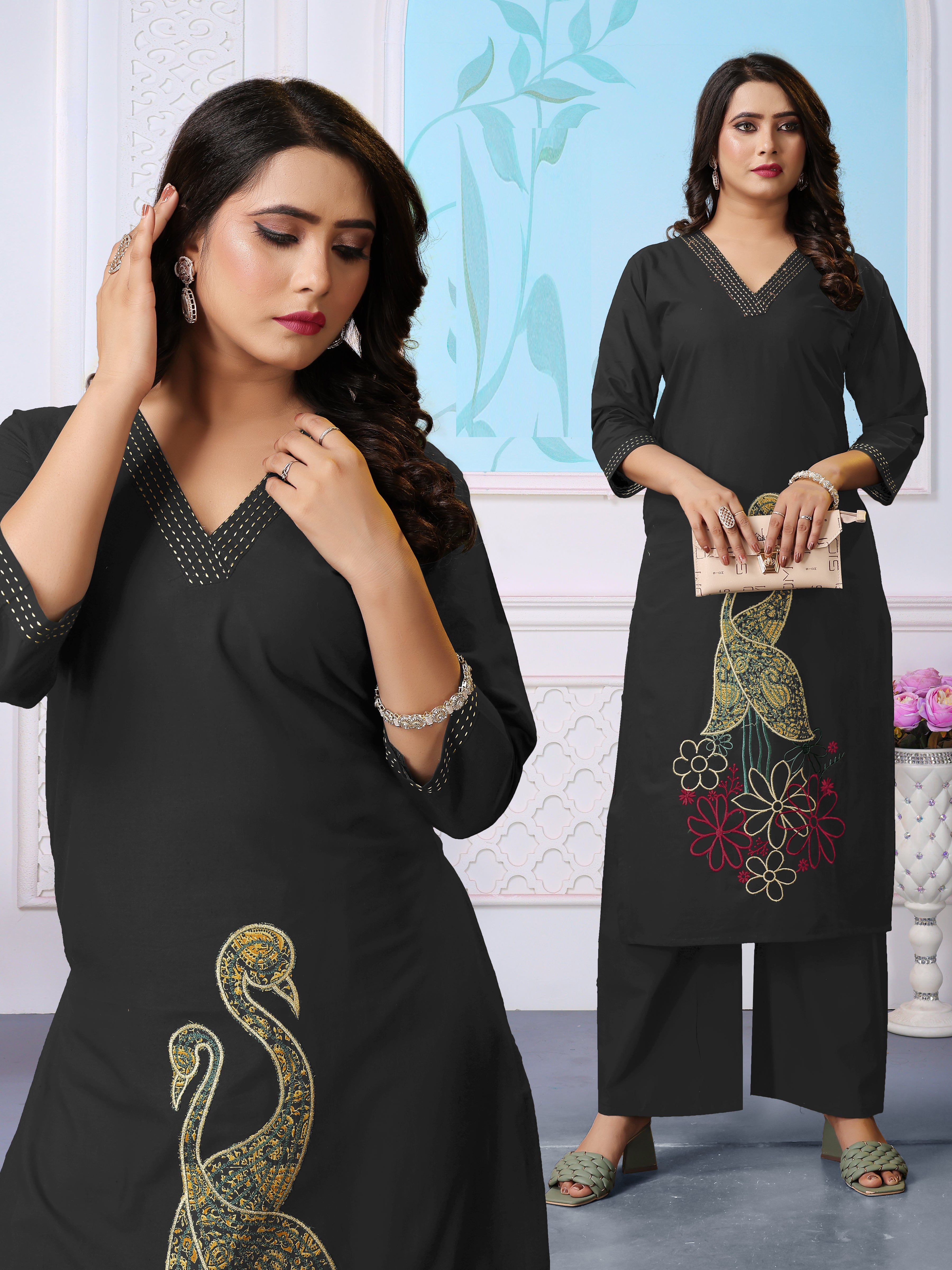 Black Cotton Coord Set with V-neckline, Peacocks & Floral Embroidery