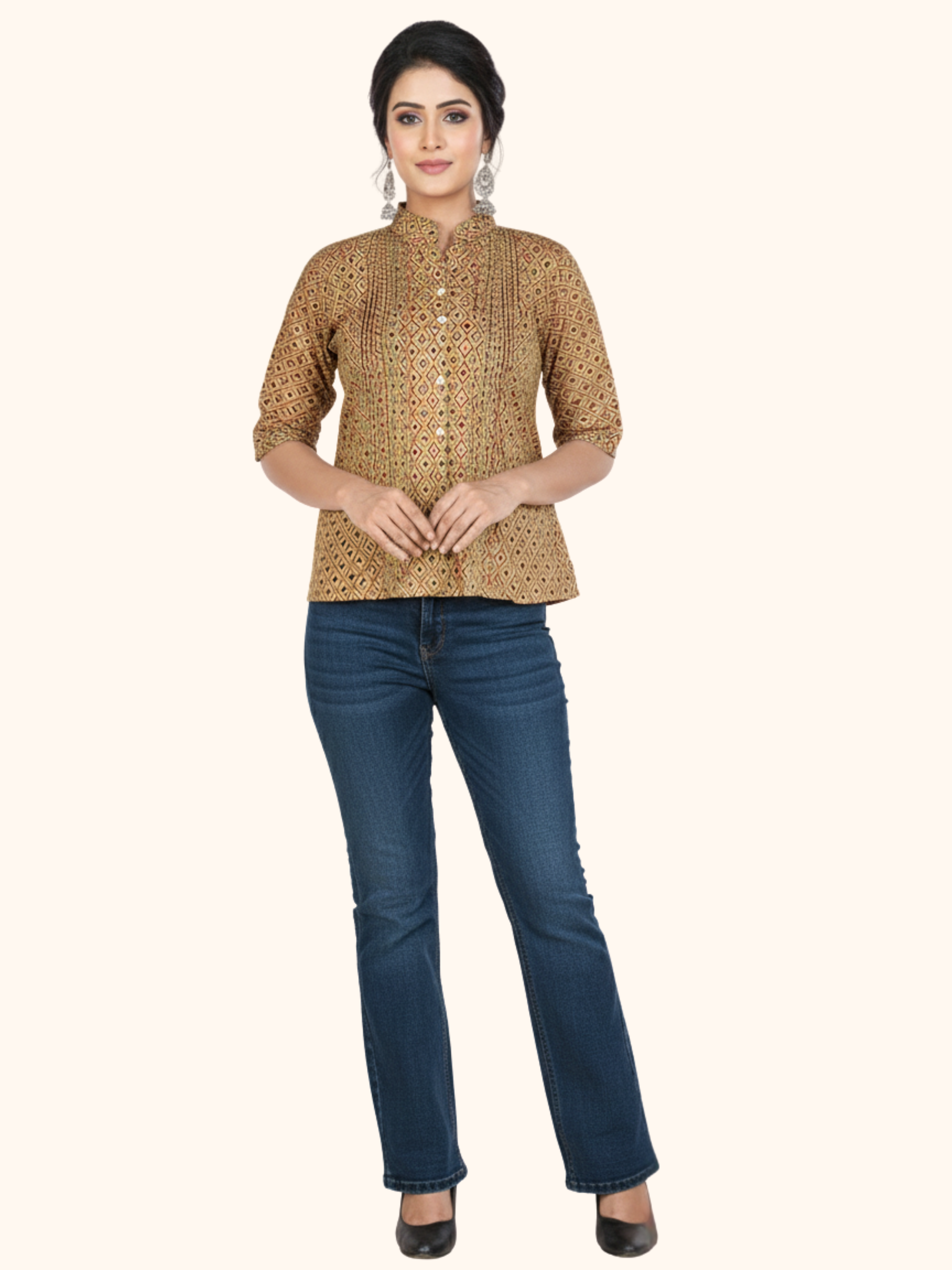 Brown Geometric Print Riyon Liva Approved Shirt Top with Mandarin Collar & 3/4th Sleeves