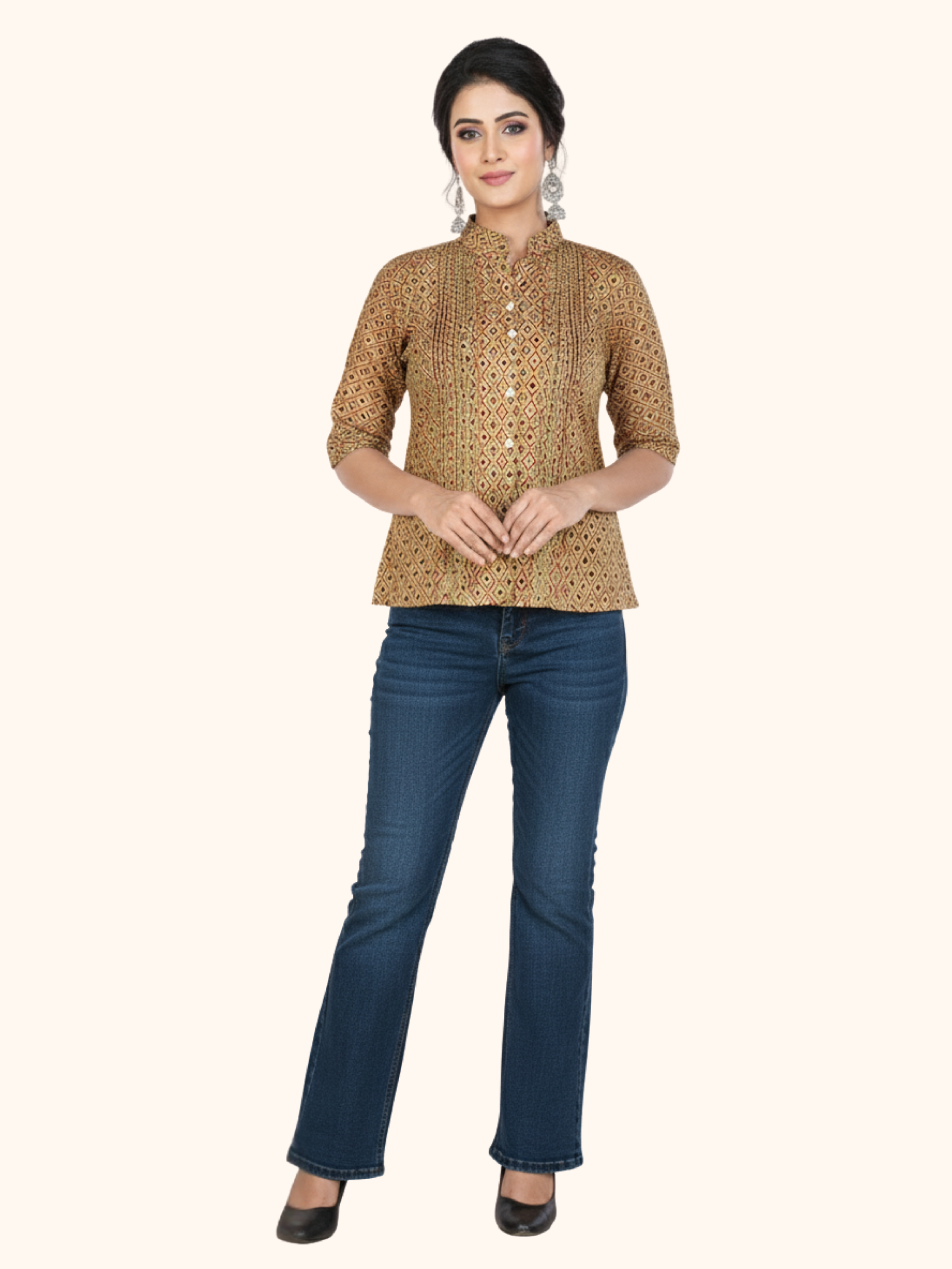 Brown Geometric Print Riyon Liva Approved Shirt Top with Mandarin Collar & 3/4th Sleeves