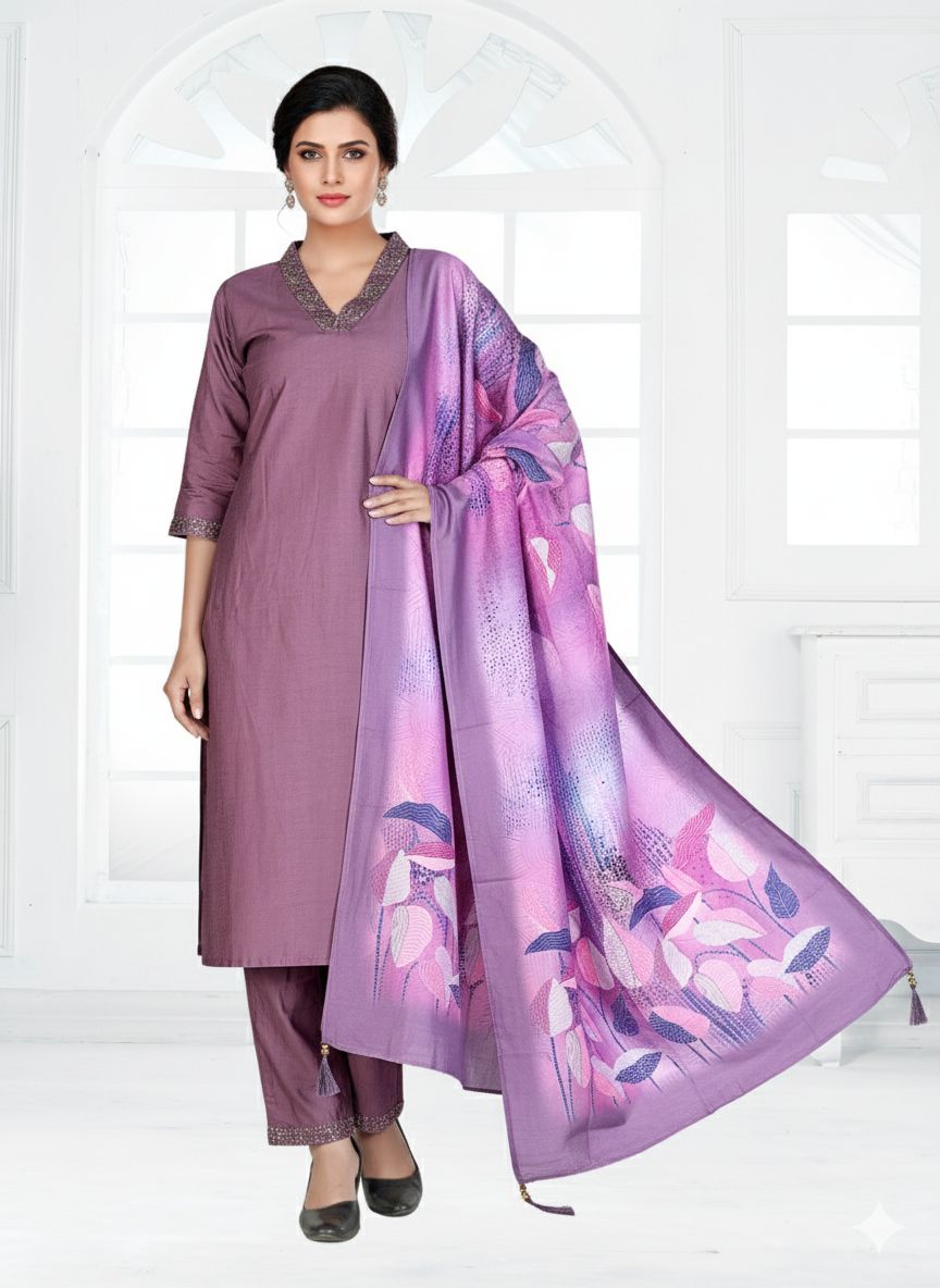 V Neck Roman Silk 3 Piece Suit Set  | Embroidered with Cotton Linen & Digital Dupatta